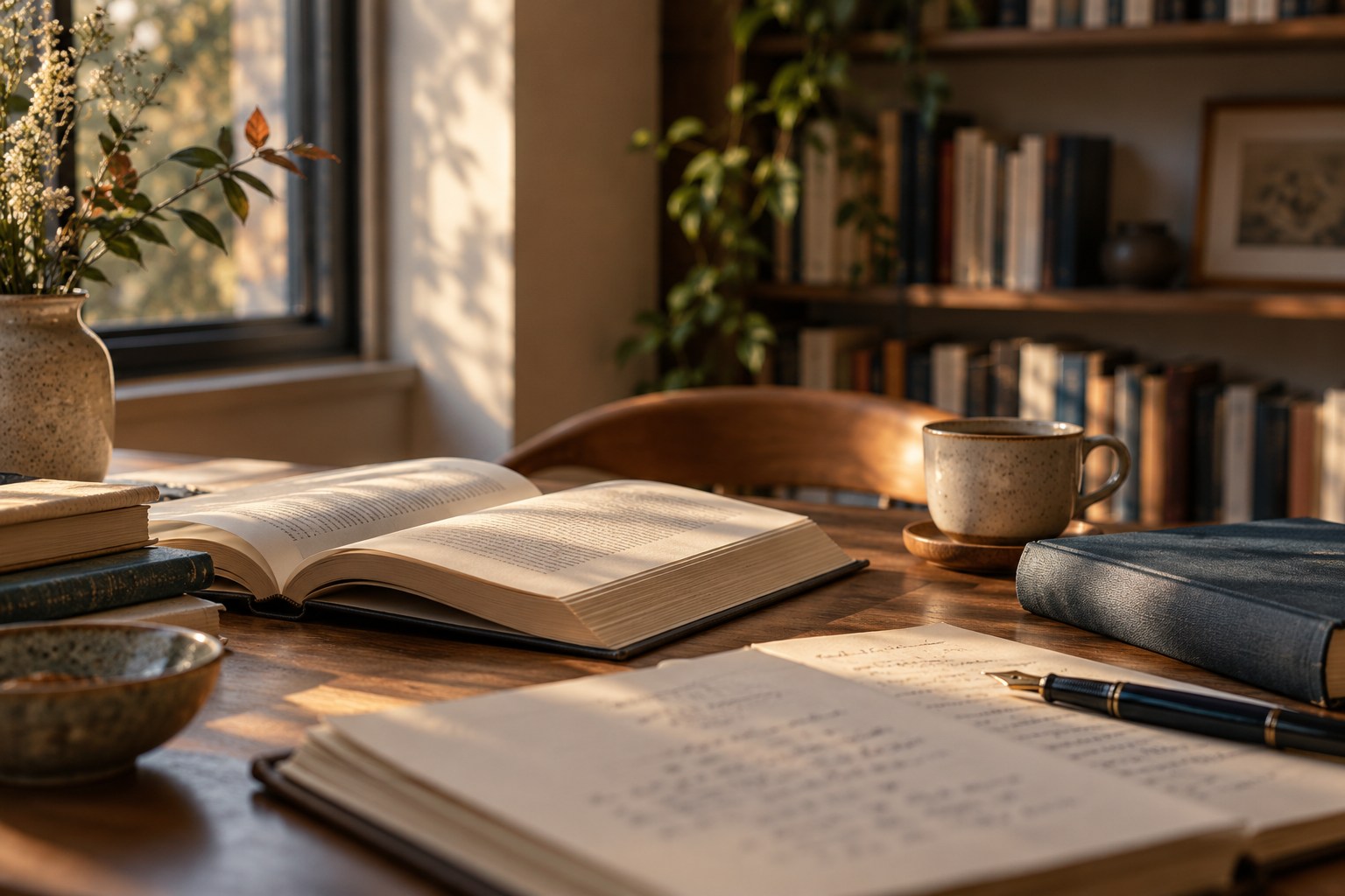 Libros abiertos y páginas de escritura sobre una mesa iluminada por la luz de la tarde